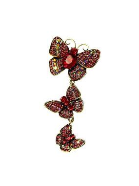 Red Iridescent Crystal Triple Butterfly Brooch Gold Tone